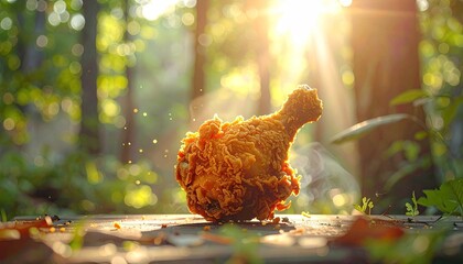 Crispy golden fried chicken drumstick illuminated by warm sunlight in a lush green forest setting
