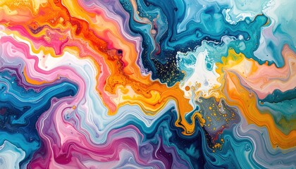 Abstract Swirls of Vibrant Colors Orange Blue Pink Purple and Gold with Glittering Particles Create a Dynamic and Energetic Texture