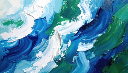Abstract textured oil painting featuring bold brushstrokes of ocean blue white and emerald green creating a dynamic and energetic composition of swirling natural elements