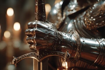 Knight's armored gauntlet firmly grips ornate medieval sword, close-up.