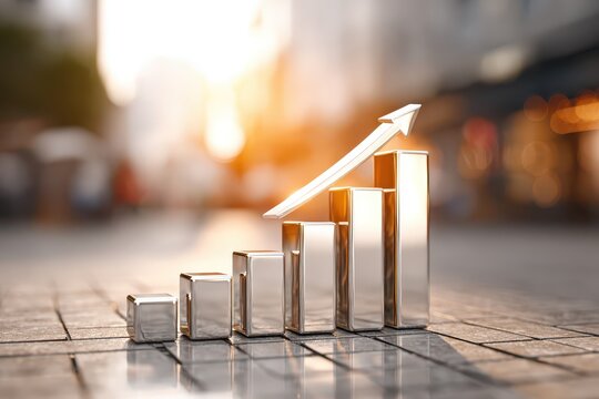 Gleaming 3D bar chart showing growth and success with an upward arrow. - Powered by Adobe