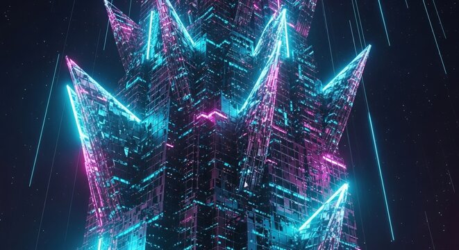 futuristic city with neon lights and large tower - Powered by Adobe