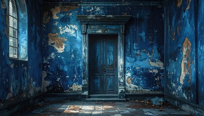 Dark Blue Room With Peeling Paint Old Wooden Door And Large Window With Sunlight Shining Through Creating An Eerie Atmosphere