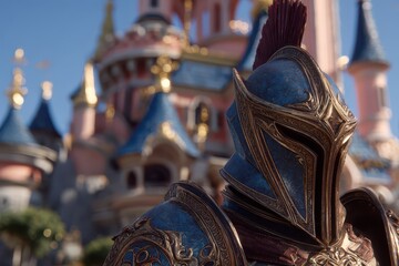 Fototapeta premium Intricate fantasy warrior's blue and gold armor, helmet, against a castle.