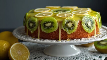 Luscious lemon cake adorned with vibrant kiwi and zesty lemon slices, drizzled with sweet glaze, perfect for celebrations and gourmet desserts.