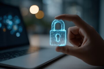 Hand holding a glowing digital padlock symbolizing data security and privacy over a laptop.