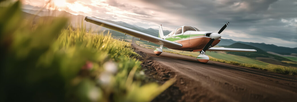 Small airplane parked on a runway at sunset in nature