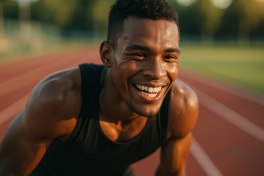 Happy young man smiling after workout on the running track