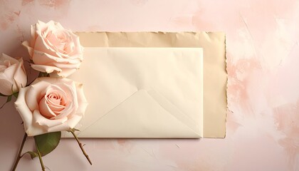 Delicate Peach Roses Adorn a Cream Envelope and Aged Paper on a Softly Textured Pink Background with Subtle Lighting