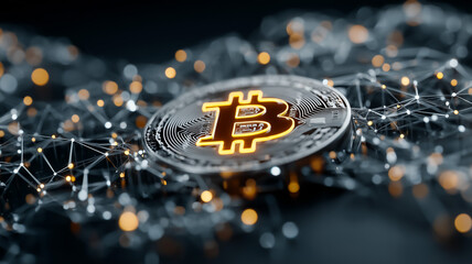 Bitcoin cryptocurrency digital coin with glowing effects and network background