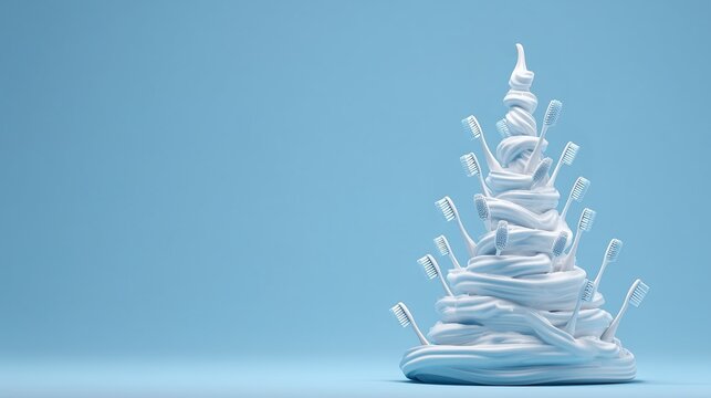 Creative dental-themed a Christmas tree sculpture made from toothpaste and toothbrushes during a dental awareness campaign in a bright blue setting