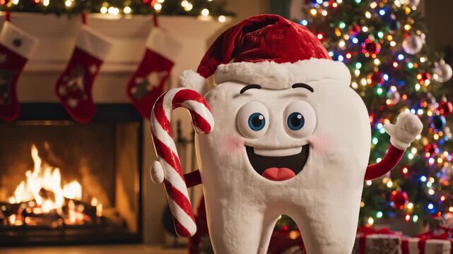 Joyful Tooth Character in Santa Hat with Candy Cane