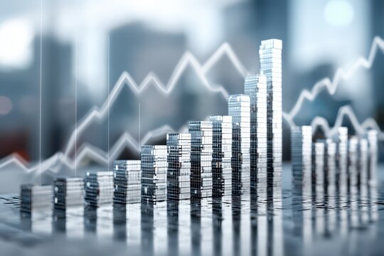 Modern bar chart of buildings indicating financial growth and market data.
