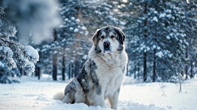 alibai | A fluffy, majestic dog sits gracefully on a blanket of snow, surrounded by tall, frosty pine trees. Its coat is thick with warmth, creating a striking contrast against the winter landscape