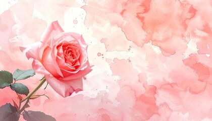 Delicate Pink Rose Bloom With Water Droplets Adorned On Stem Against Soft Watercolor Wash Background Featuring Gentle Hues Of Pink And White