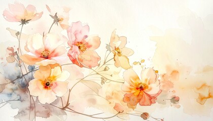 Delicate Watercolor Floral Arrangement With Soft Peach and Pink Blossoms Against a Faded Creamy Yellow Background Evoking Gentle Spring Ambiance