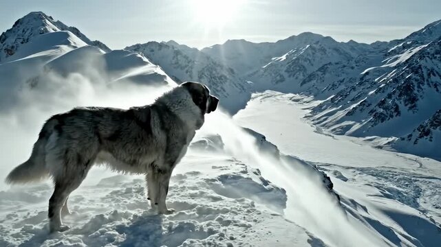 alibai | A majestic guardian dog stands on a snowy mountain peak, gazing over a vast, icy landscape filled with towering peaks and a bright sun piercing through clear blue skies