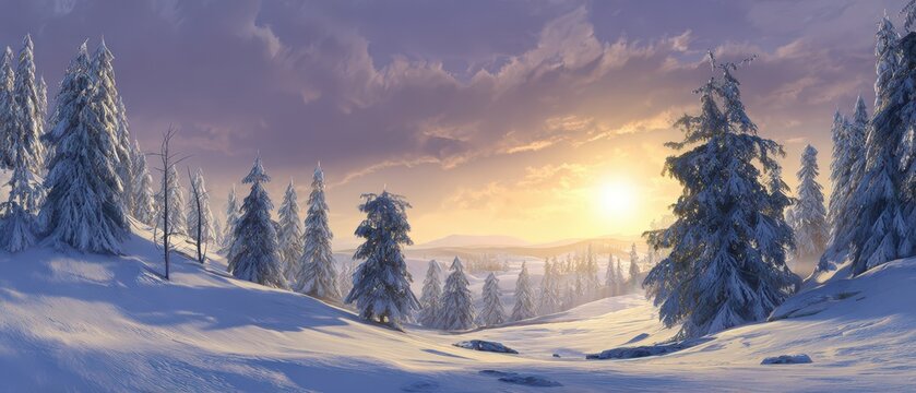Sunset lights up winter landscape - Powered by Adobe