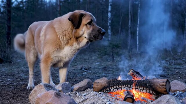 alibai | A dog curiously sniffs around a glowing campfire surrounded by rocks, set in a serene forest during twilight. Soft smoke drifts upward into the crisp evening air