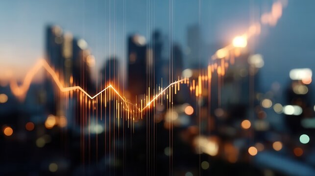 Stock Market Trends Shown With Glowing Lines Over a City Skyline at Dusk