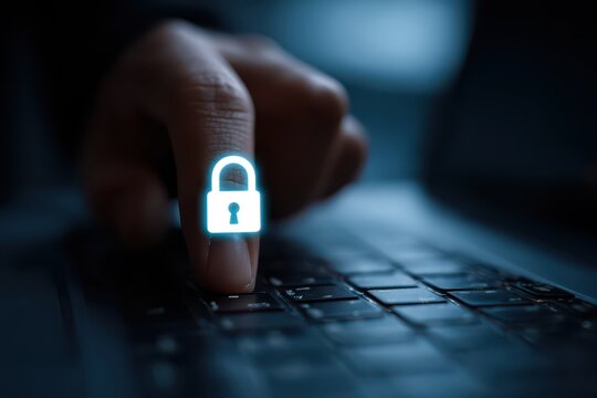 Online privacy and data protection: Glowing padlock on finger over keyboard.