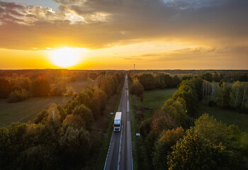 Naklejka premium Aerial view of national road no 62 between Lochow and Wyszkow cities in Mazowsze, Poland