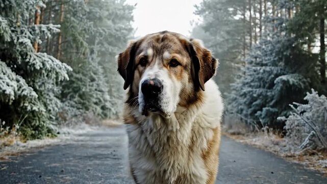 alibai | A majestic dog stands confidently on a misty forest road, surrounded by tall trees, creating a serene yet mysterious atmosphere with soft fog enveloping the scene