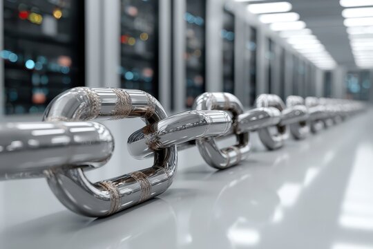 Blockchain technology concept in a modern data center with an endless chain
