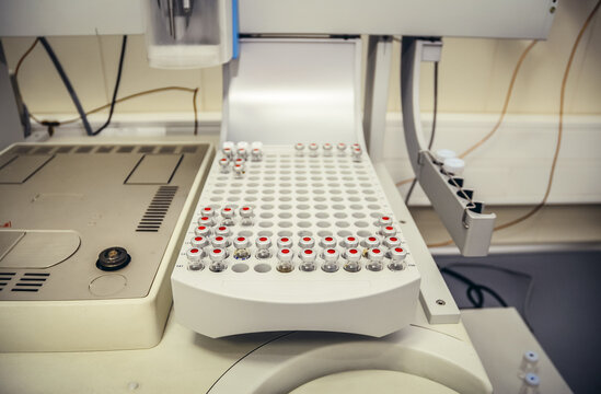 Sample vials on Gas Chromatograph autosampler