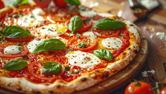 Delicious Margherita Pizza with Fresh Basil and Mozzarella Cheese on a Wooden Board in Warm Sunlight Perfect for Italian Cuisine