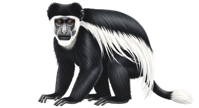 Black and white Colobus monkey isolated on white background, African primate species, wildlife photography for educational and zoological content