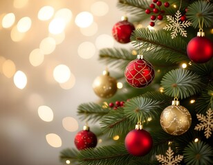 Close-up of decorated Christmas tree with red and gold baubles, lights, and festive branches. Warm bokeh background with copy space for text or design.