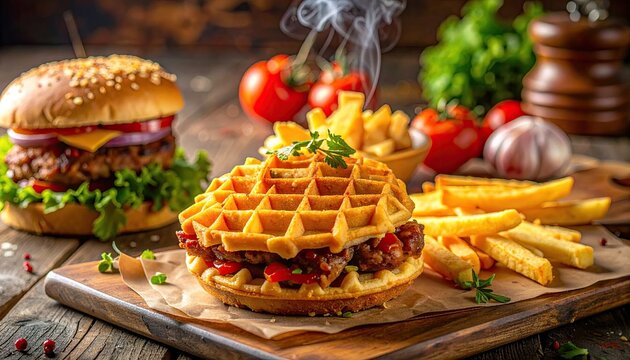 Delicious Waffle Burger and Golden French Fries Arranged Artfully on a Rustic Wooden Table with Fresh Tomatoes and Garlic in Soft Warm Lighting