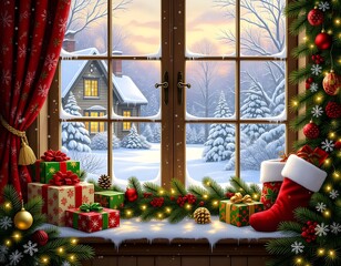 Christmas scene with decorated window, gifts, stockings, lights, and snowy winter landscape outside. Perfect holiday background for seasonal greetings, celebrations, and cozy winter theme