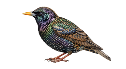 Colorful European Starling bird isolated on white background with iridescent feathers, detailed wildlife photography perfect for nature projects