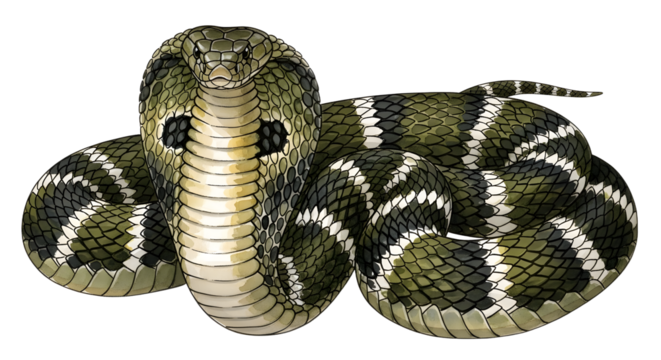 Coiled cobra snake with raised hood showing distinctive pattern, detailed reptile close-up illustration, perfect for wildlife and nature projects