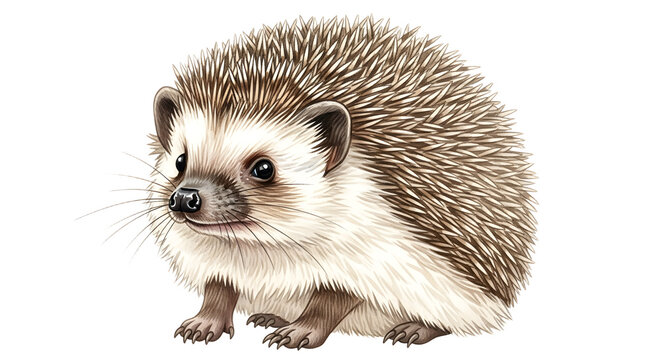 Cute hedgehog animal isolated on white background, detailed illustration of small spiny mammal perfect for wildlife and nature projects