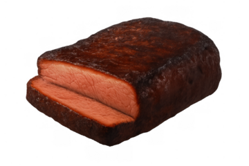 Smoked beef brisket with a dark crust and a pink interior showing delicious texture on a transparent background