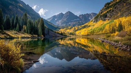 Stunning autumn mountain reflection in a serene alpine lake, showcasing vibrant golden foliage under a clear blue sky