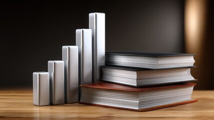 Fototapeta premium Books and bar graph elements on a wooden surface, symbolizing growth and knowledge.