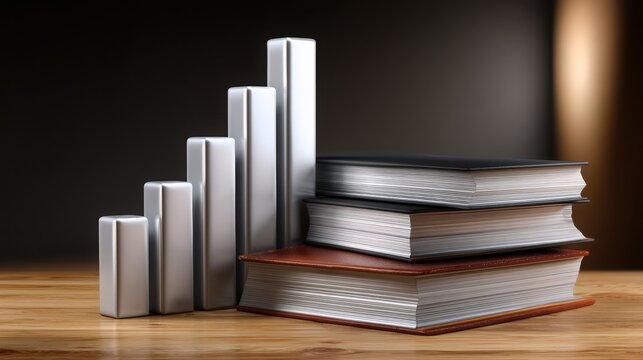 Books and bar graph elements on a wooden surface, symbolizing growth and knowledge.