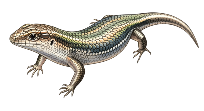 Detailed illustration of a colorful skink lizard with a shiny scale pattern and realistic texture