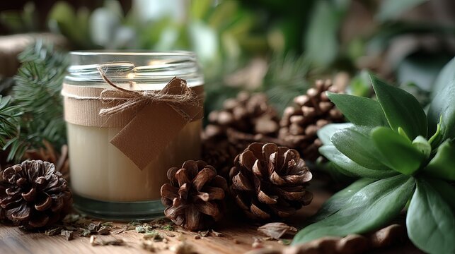 Cozy candle with pinecones and greenery evokes natural warmth and serene winter ambiance for holidays and home decor projects