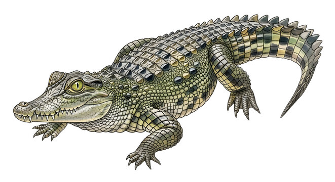 Detailed illustration of a green crocodile with textured scales and sharp eyes isolated on white background, perfect for wildlife or nature projects