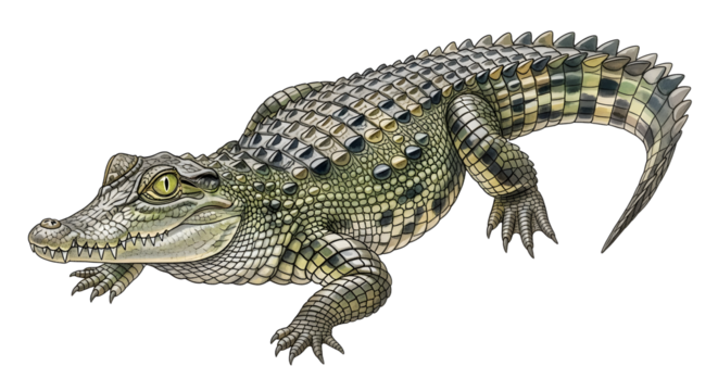 Detailed illustration of a green crocodile with textured scales and sharp eyes isolated on white background, perfect for wildlife or nature projects