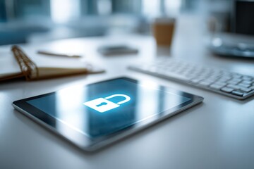 Tablet displaying glowing padlock icon, symbolizing secure digital data.