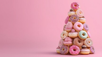 Colorful tower of assorted donuts a Christmas tree on a pink backdrop featuring sprinkles and fillings ready for a sweet celebration