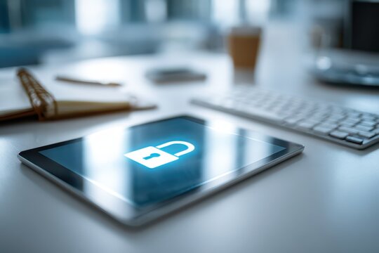 Tablet displaying glowing padlock icon, symbolizing secure digital data.