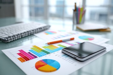 Business data analysis on a modern desk with charts, a smartphone, and a pen.
