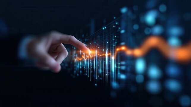 Digital Analysis Takes Place With a Finger Touching a Glowing Data Chart in a Dark Room